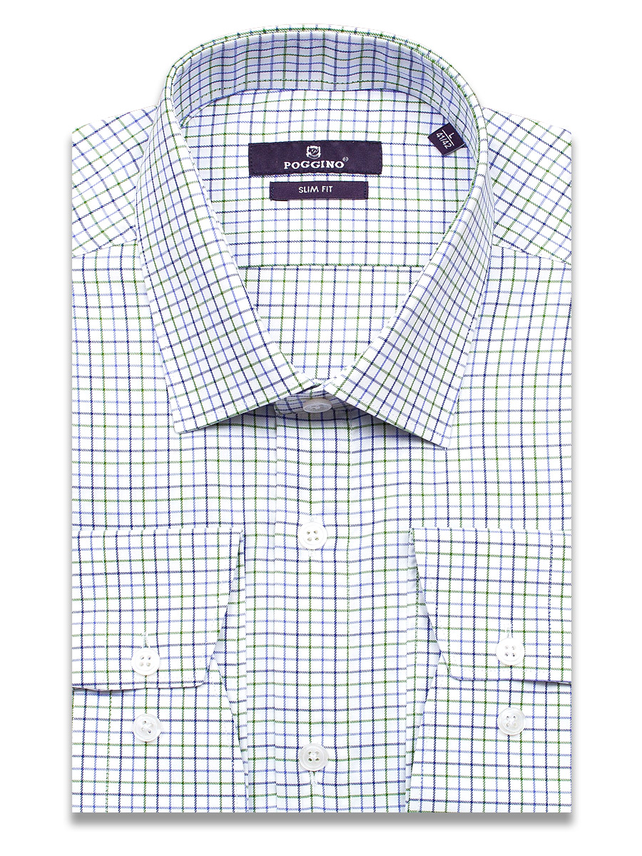Белая приталенная мужская рубашка Poggino 7020-08 в клетку с длинными рукавами