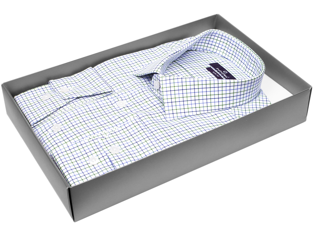 Белая приталенная мужская рубашка Poggino 7020-08 в клетку с длинными рукавами купить в Москве недорого