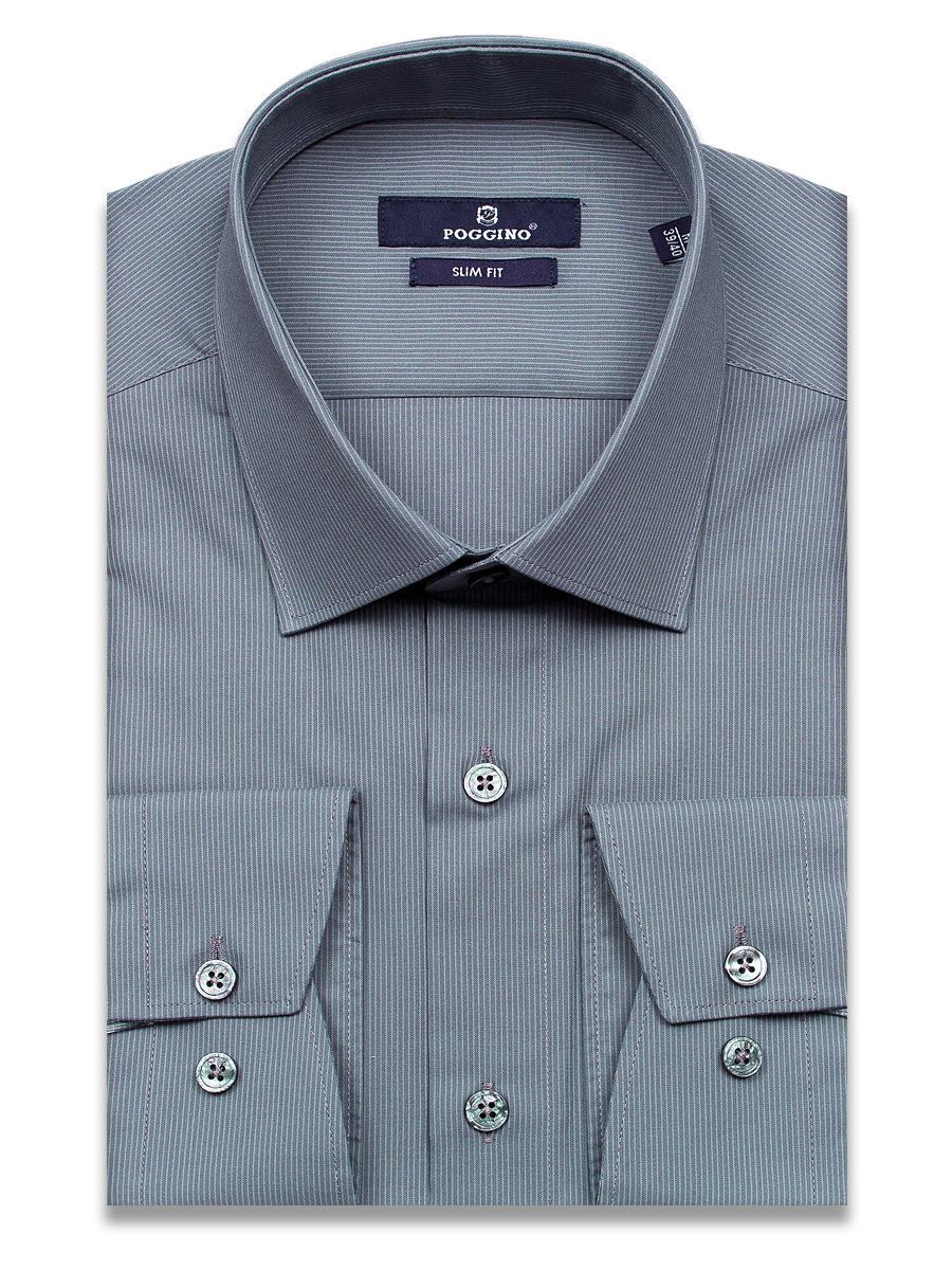 Серая приталенная мужская рубашка Poggino 7020-18 в полоску с длинными рукавами