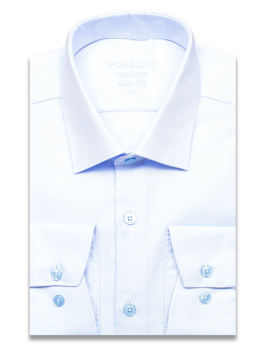 Голубая приталенная мужская рубашка Poggino 8004-021 Non Iron с длинными рукавами
