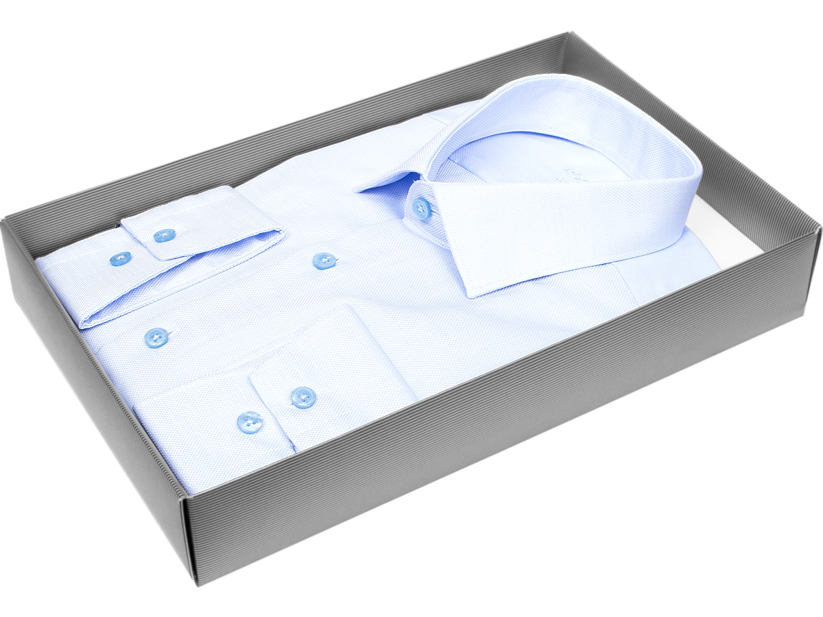 Голубая приталенная мужская рубашка Poggino 8004-021 Non Iron с длинными рукавами купить в Москве недорого