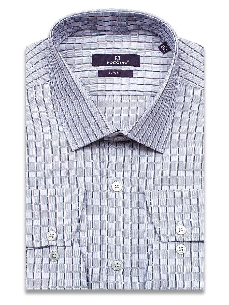 Серая приталенная мужская рубашка Poggino 7020-33 в клетку с длинными рукавами