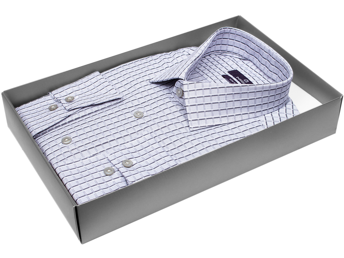 Серая приталенная мужская рубашка Poggino 7020-33 в клетку с длинными рукавами купить в Москве недорого
