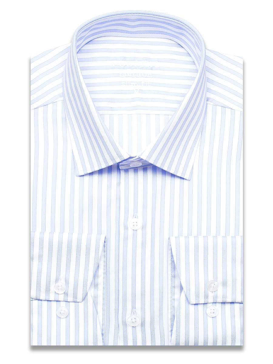 Голубая приталенная мужская рубашка Poggino 8004-11 Non Iron в полоску с длинными рукавами