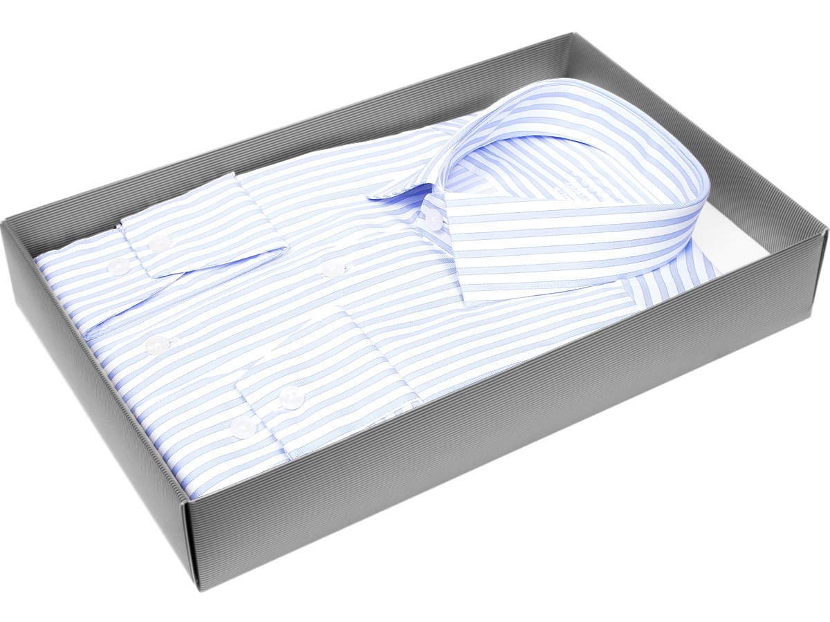 Голубая приталенная мужская рубашка Poggino 8004-11 Non Iron в полоску с длинными рукавами купить в Москве недорого