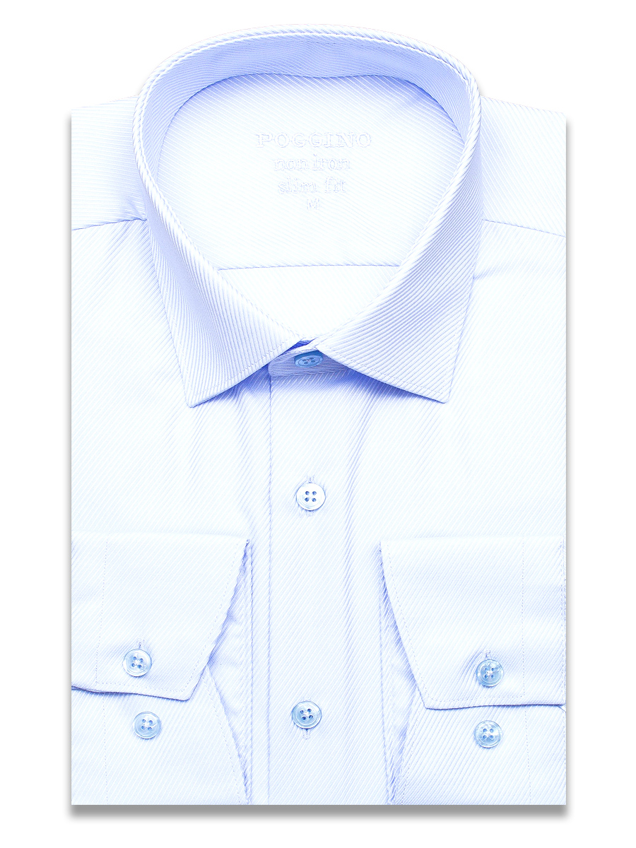 Голубая приталенная мужская рубашка Poggino 8005-11 Non Iron в полоску с длинными рукавами