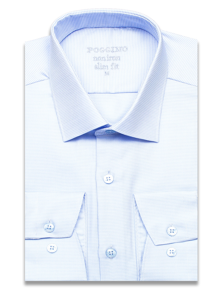 Голубая приталенная мужская рубашка Poggino 3300-09 Non Iron в клетку с длинными рукавами