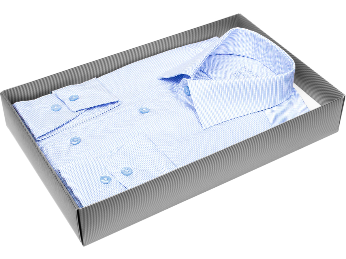 Голубая приталенная мужская рубашка Poggino 3300-09 Non Iron в клетку с длинными рукавами купить в Москве недорого