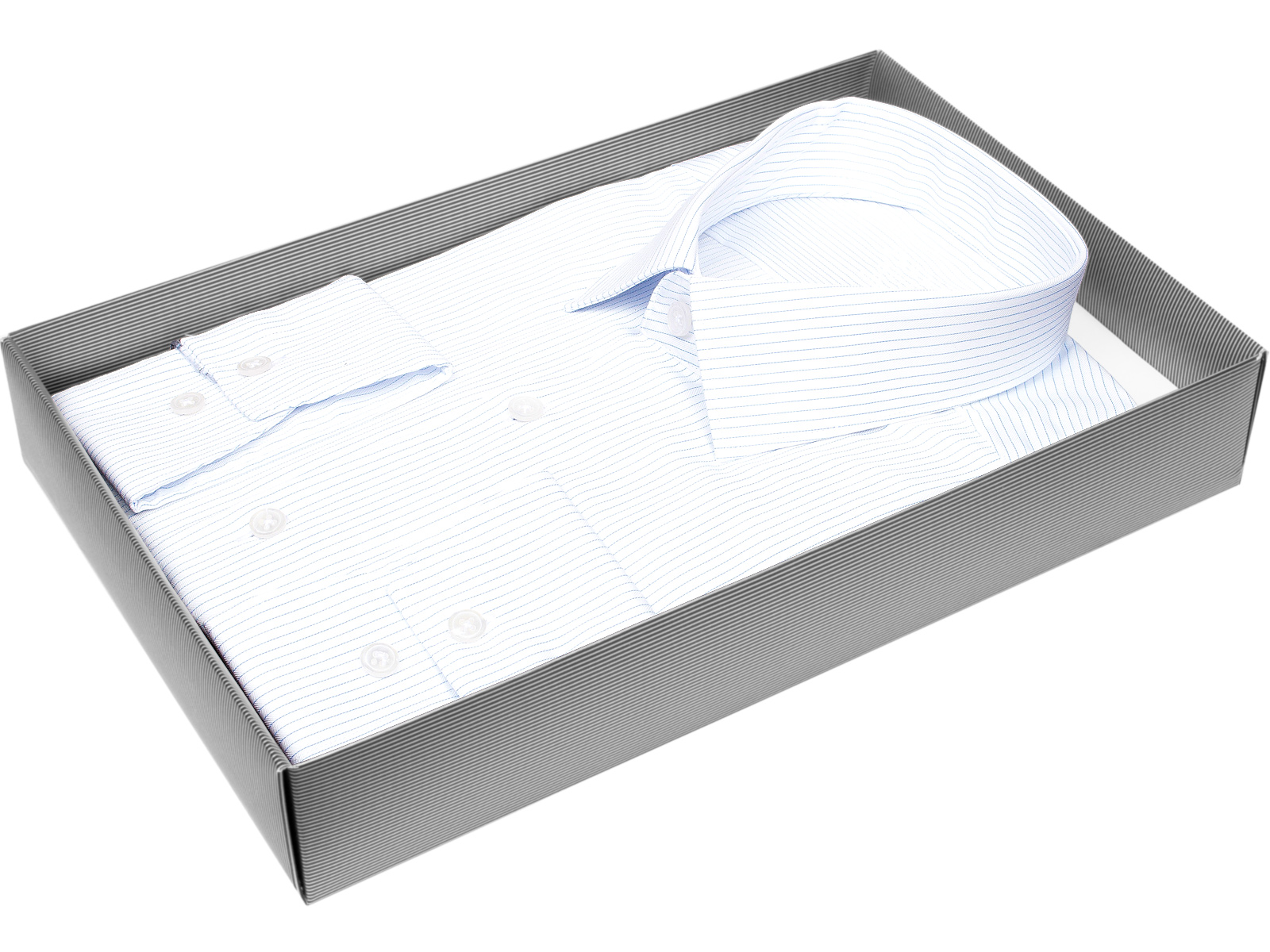 Белая приталенная мужская рубашка Poggino 3300-07 Non Iron в полоску с длинными рукавами купить в Москве недорого