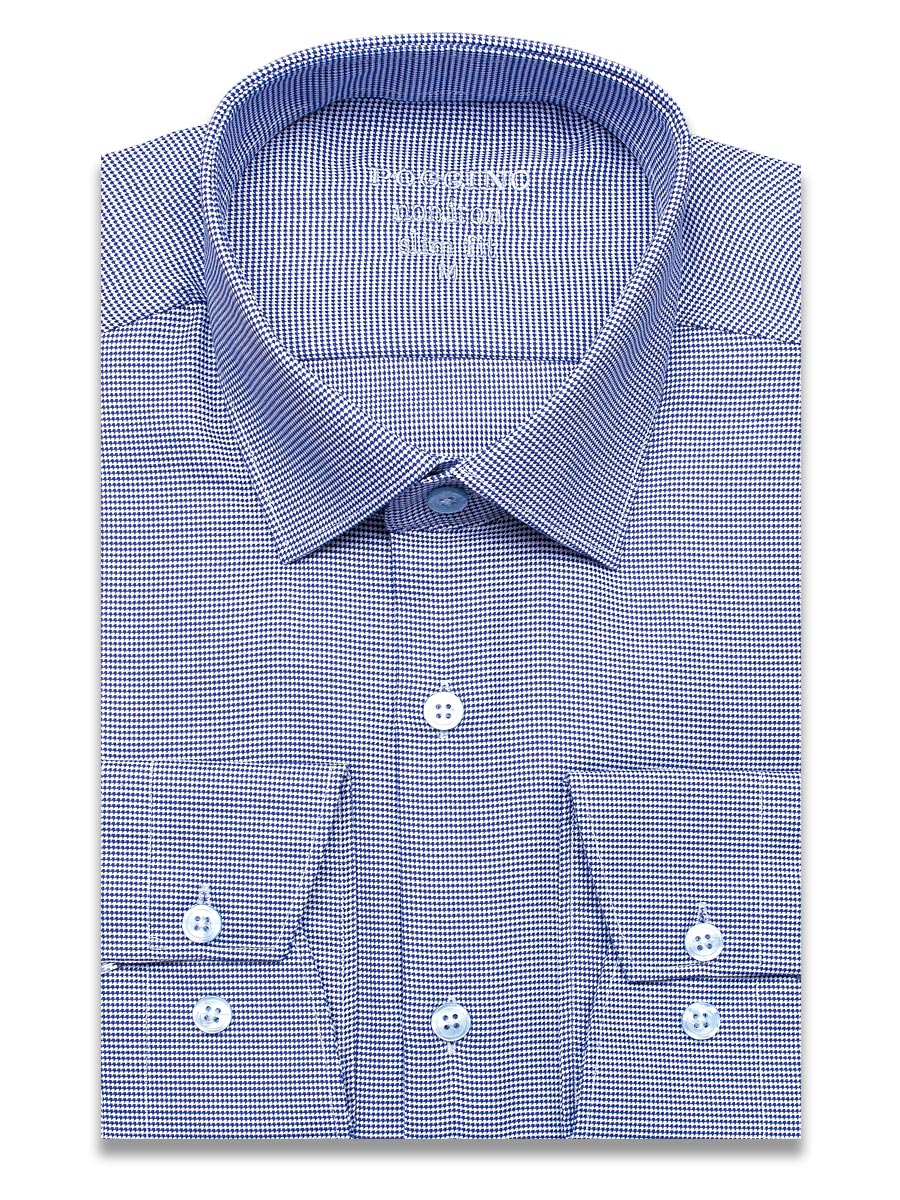 Синяя приталенная мужская рубашка Poggino 3300-08 Non Iron в клетку с длинными рукавами