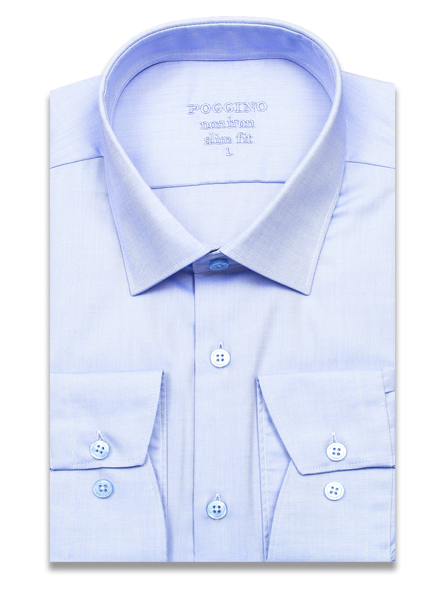 Голубая приталенная мужская рубашка Poggino 3300-031 Non Iron с длинными рукавами