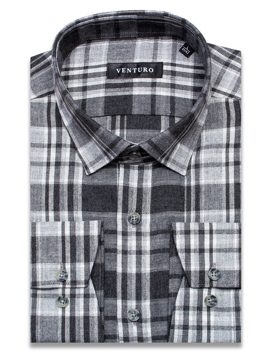 Байковая серая приталенная мужская рубашка Venturo 4000-051 в клетку с длинными рукавами