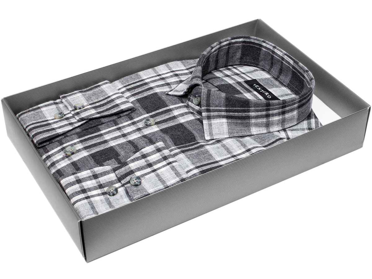 Байковая серая приталенная мужская рубашка Venturo 4000-051 в клетку с длинными рукавами купить в Москве недорого
