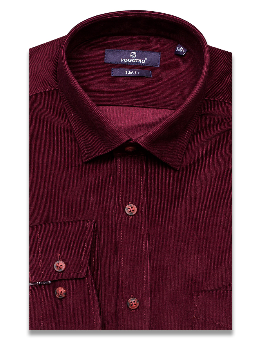 Темно-бордовая вельветовая приталенная мужская рубашка Poggino 1000-78 с длинными рукавами
