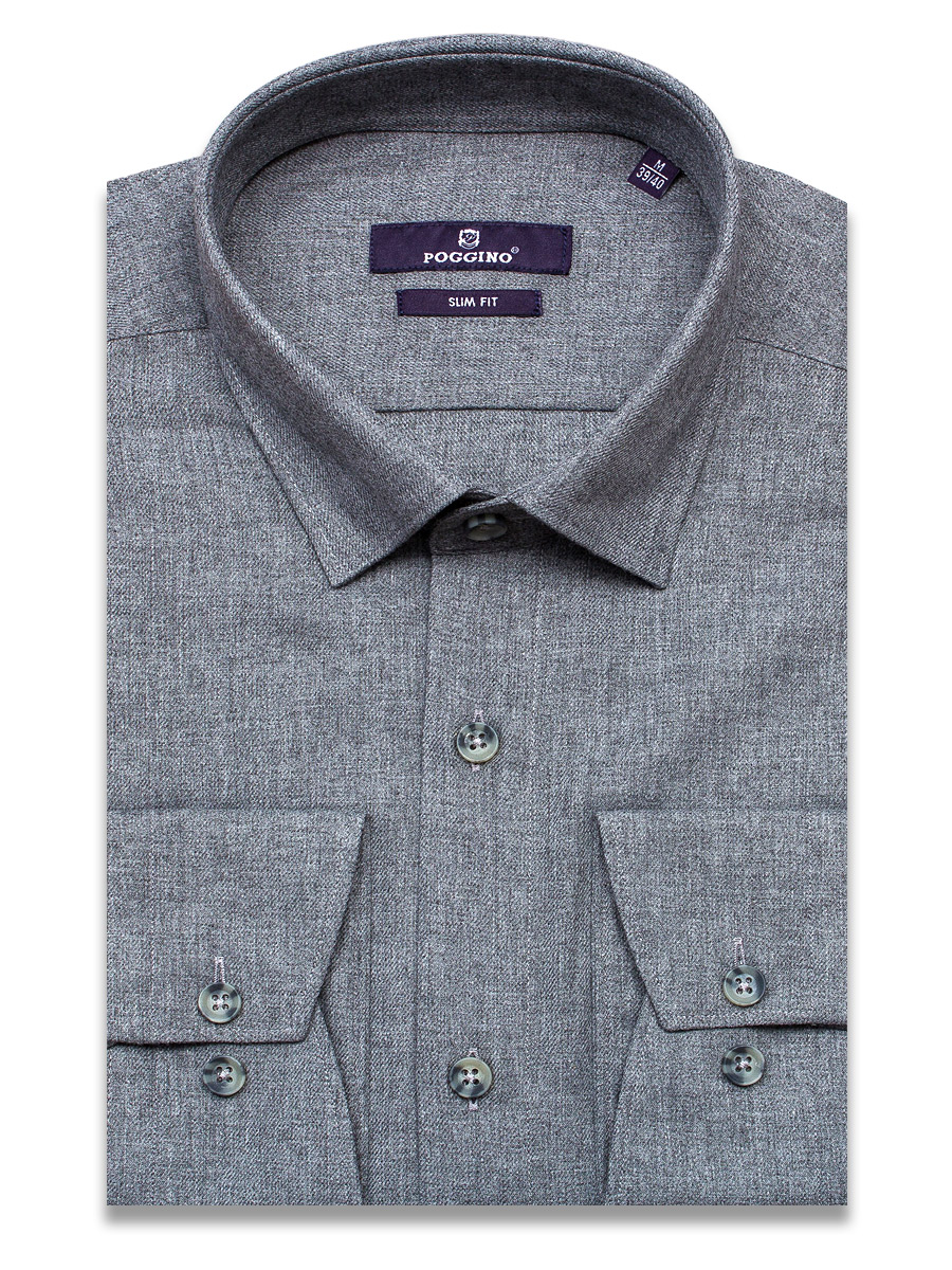 Байковая серая приталенная мужская рубашка Poggino 1000-23 меланж с длинным рукавом