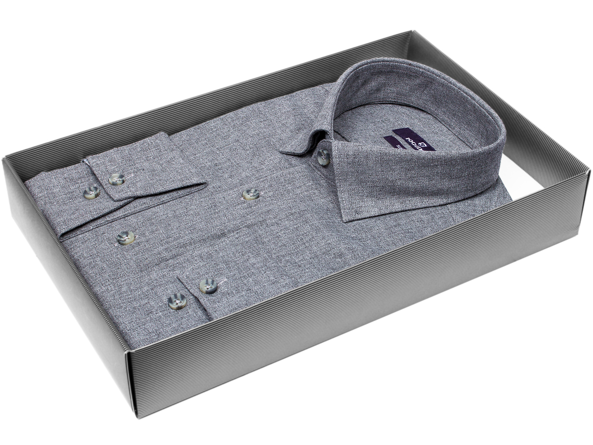 Байковая серая приталенная мужская рубашка Poggino 1000-23 меланж с длинным рукавом купить в Москве недорого