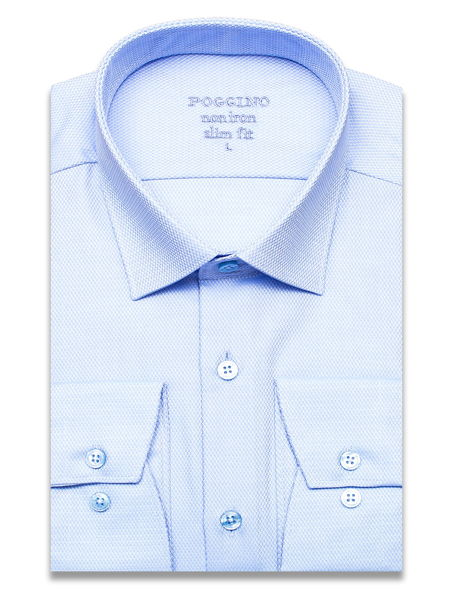 Голубая приталенная мужская рубашка Poggino 8006-06 Non Iron с длинными рукавами
