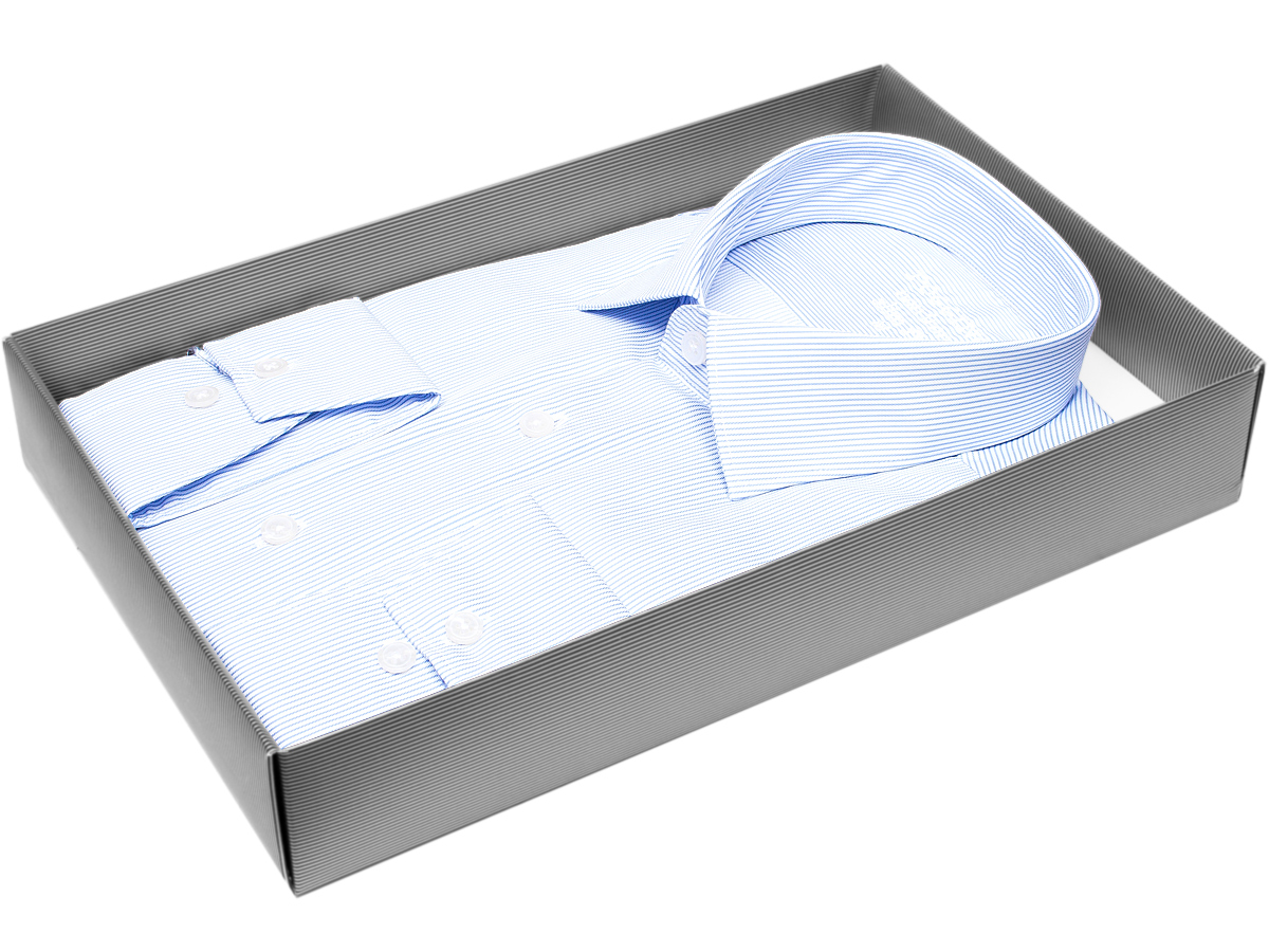 Голубая мужская рубашка Non Iron в полоску с длинными рукавами