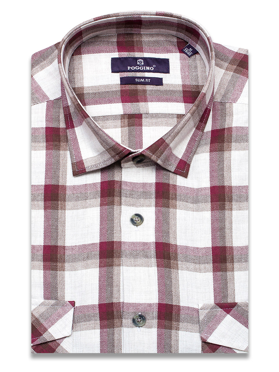 Байковая бордовая приталенная мужская рубашка Poggino 1000-03 в клетку с длинными рукавами