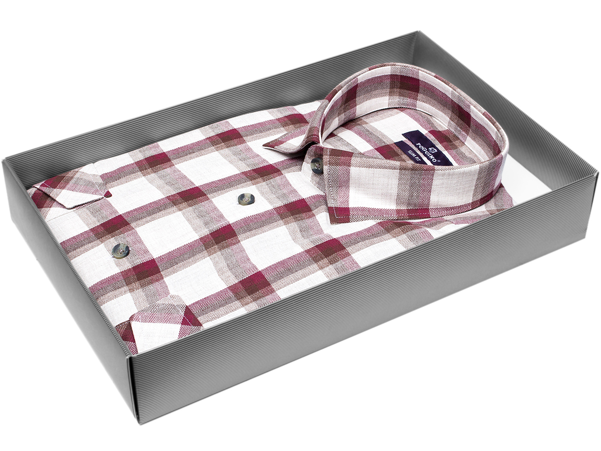 Байковая бордовая приталенная мужская рубашка Poggino 1000-03 в клетку с длинными рукавами купить в Москве недорого