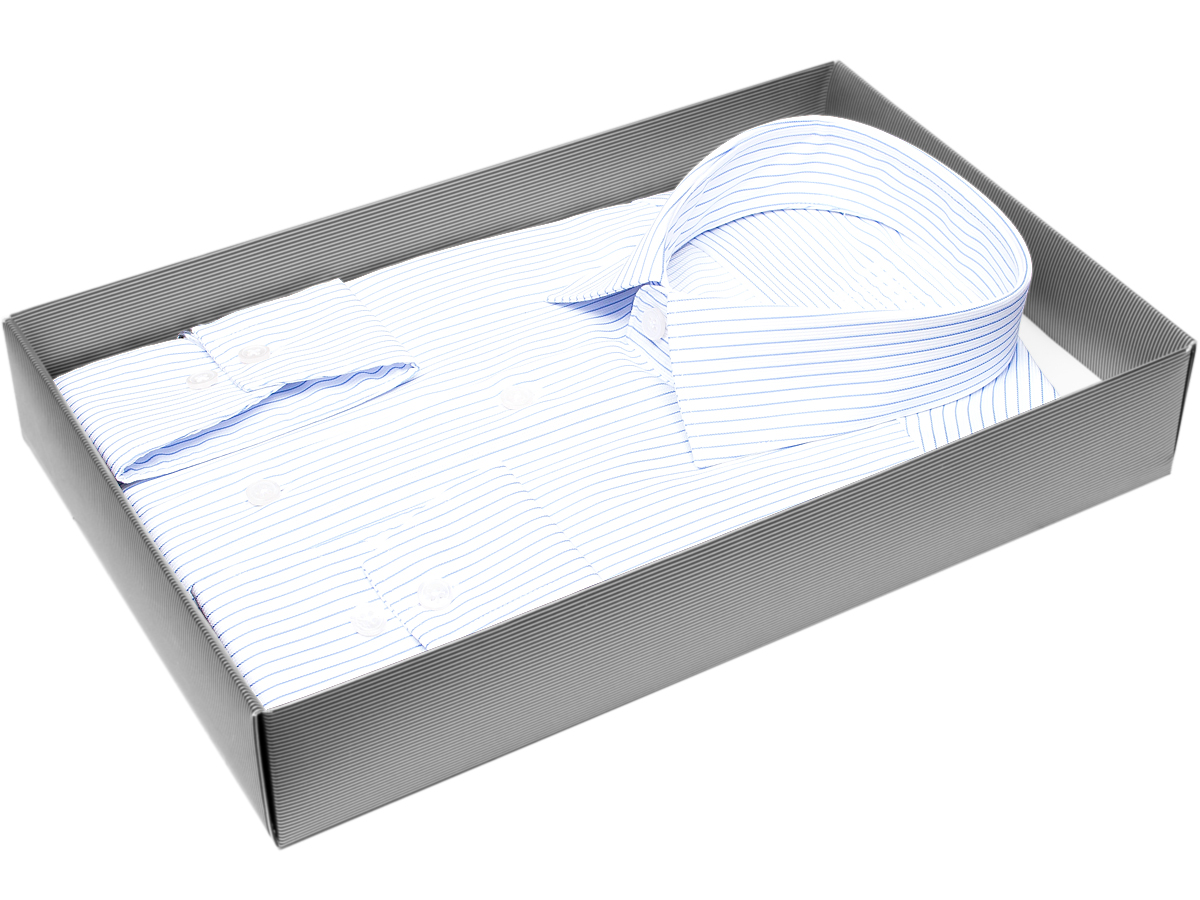 Белая приталенная мужская рубашка Poggino 80065-03 Non Iron в полоску с длинными рукавами