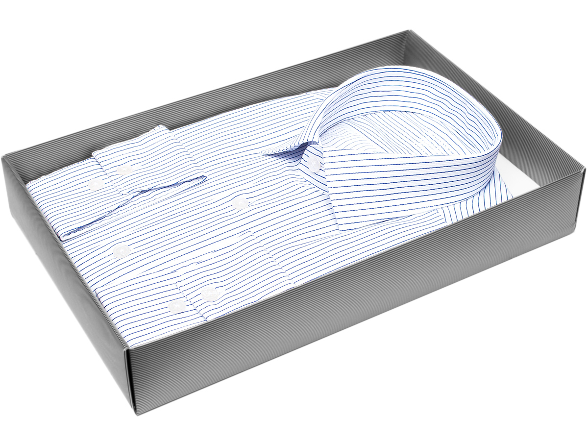 Белая приталенная мужская рубашка Poggino 8006-01 Non Iron в полоску с длинными рукавами купить в Москве недорого