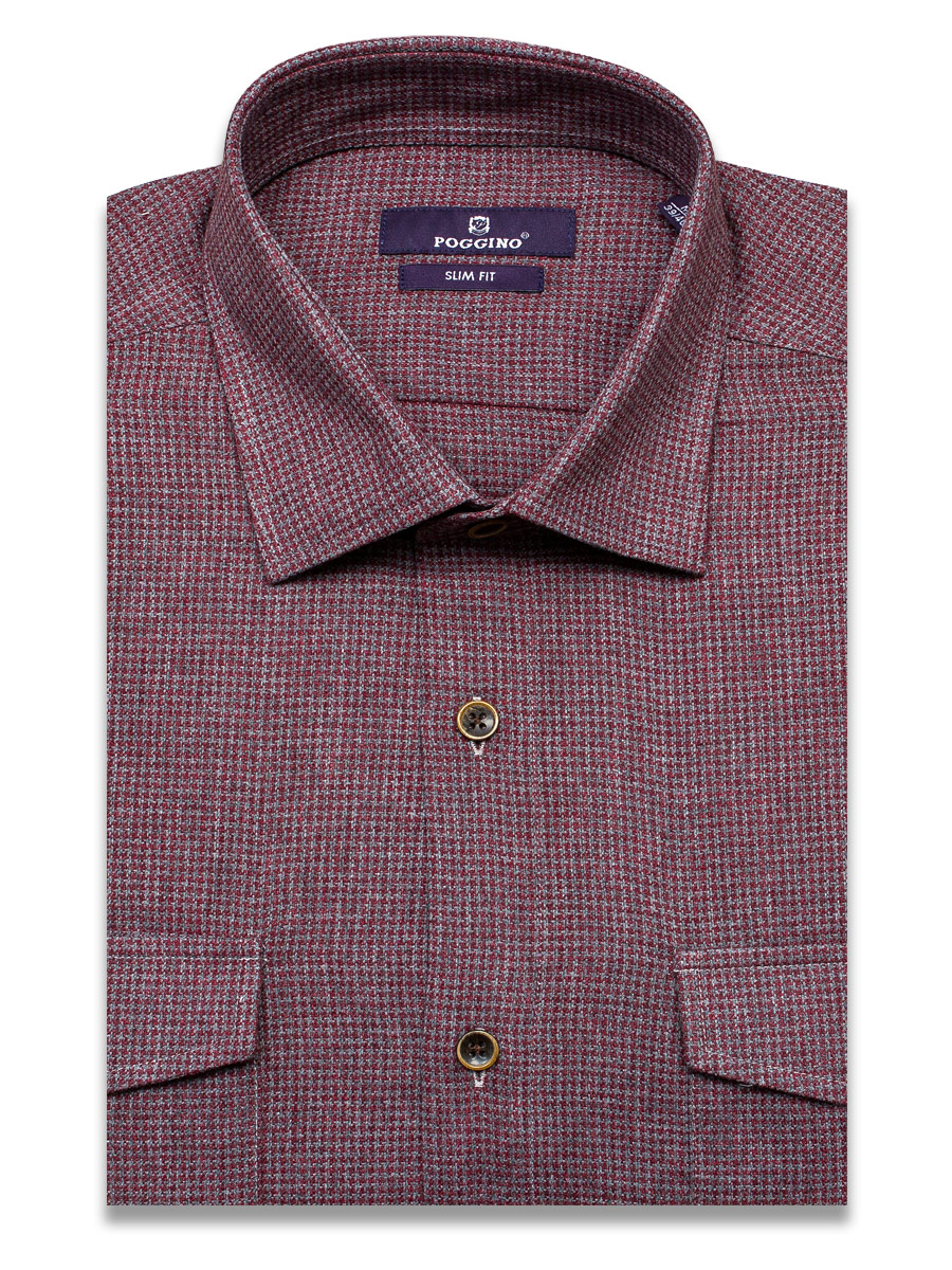 Байковая бордовая приталенная мужская рубашка Poggino 1000-17 в клетку с длинными рукавами