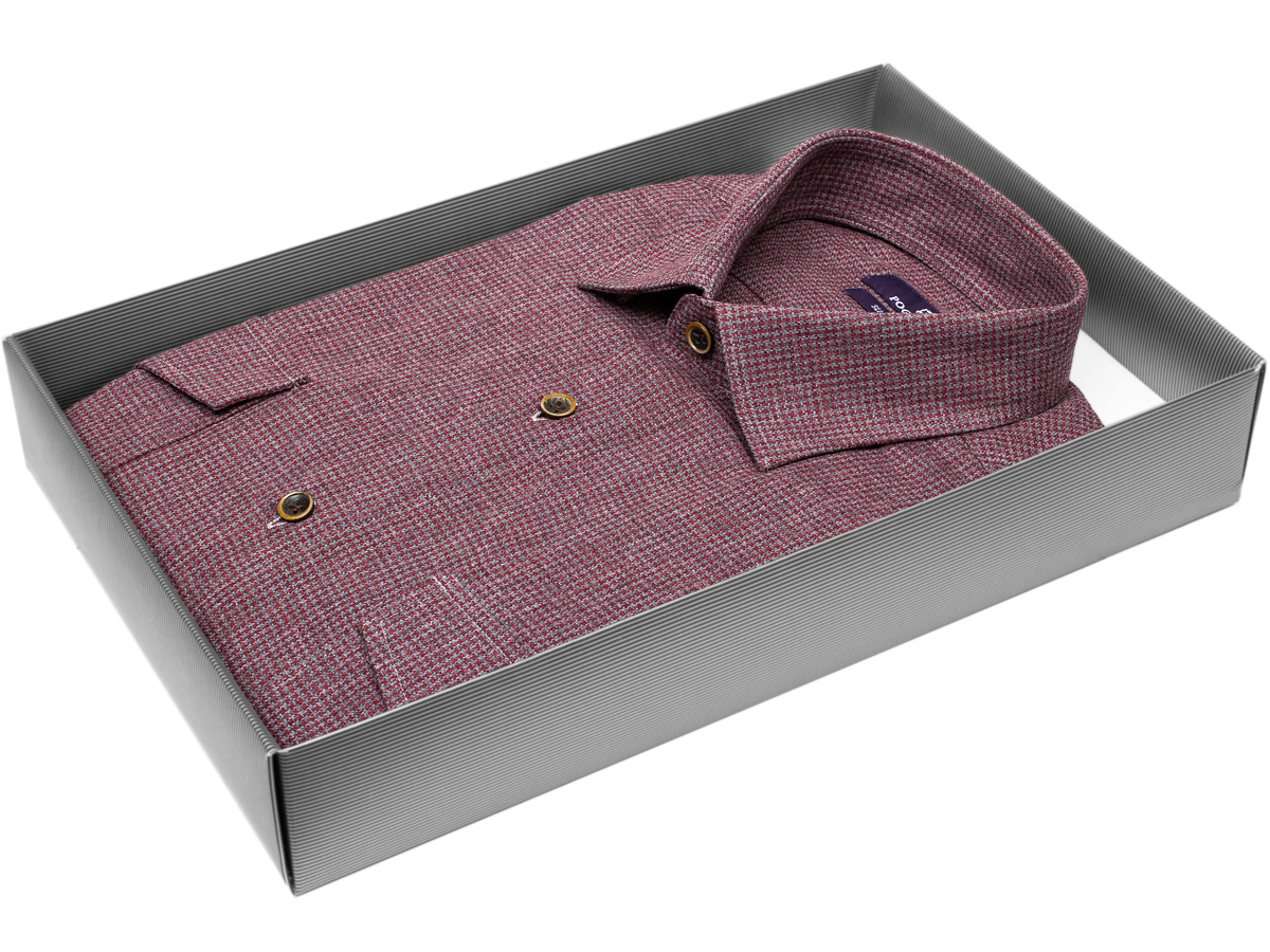 Байковая бордовая приталенная мужская рубашка Poggino 1000-17 в клетку с длинными рукавами купить в Москве недорого