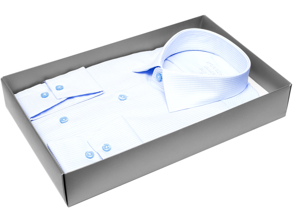 Голубая приталенная мужская рубашка Poggino 8006-10 Non Iron в полоску с длинными рукавами купить в Москве недорого