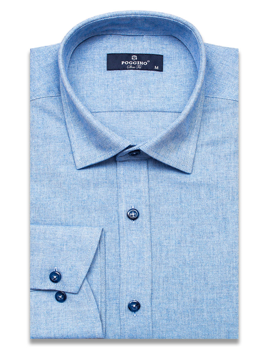 Байковая голубая приталенная мужская рубашка Poggino 4602-02 меланж с длинными рукавами