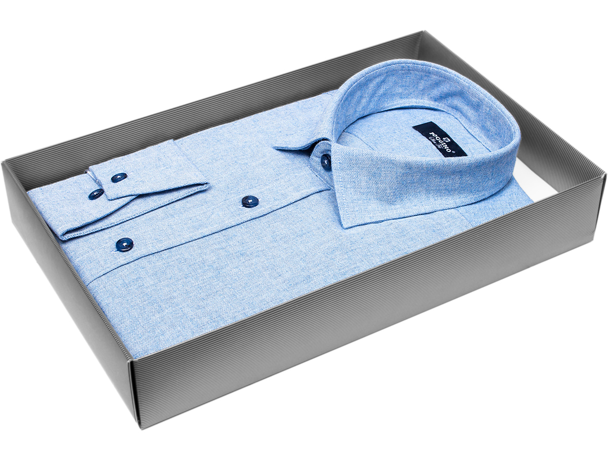 Байковая голубая приталенная мужская рубашка Poggino 4602-02 меланж с длинными рукавами купить в Москве недорого