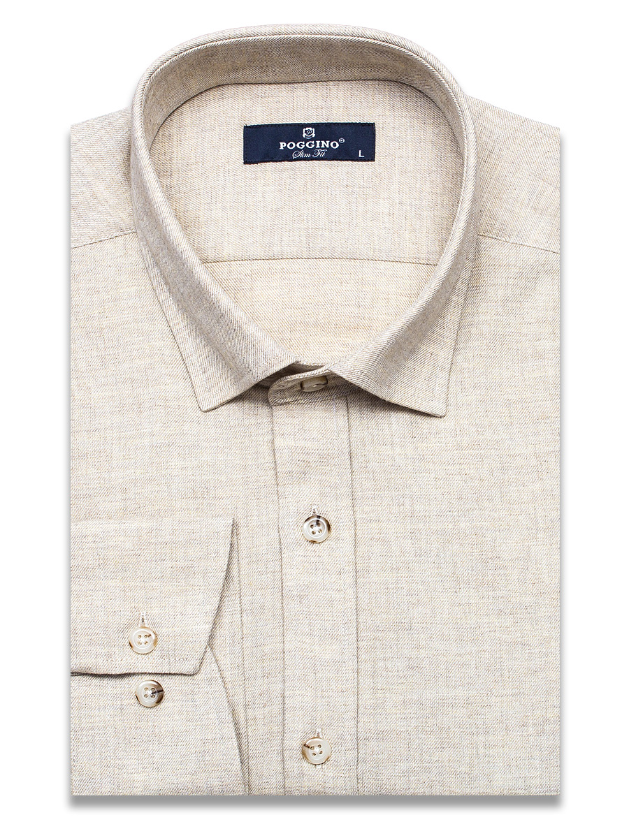 Байковая бежевая приталенная мужская рубашка Poggino 4602-01 с длинными рукавами