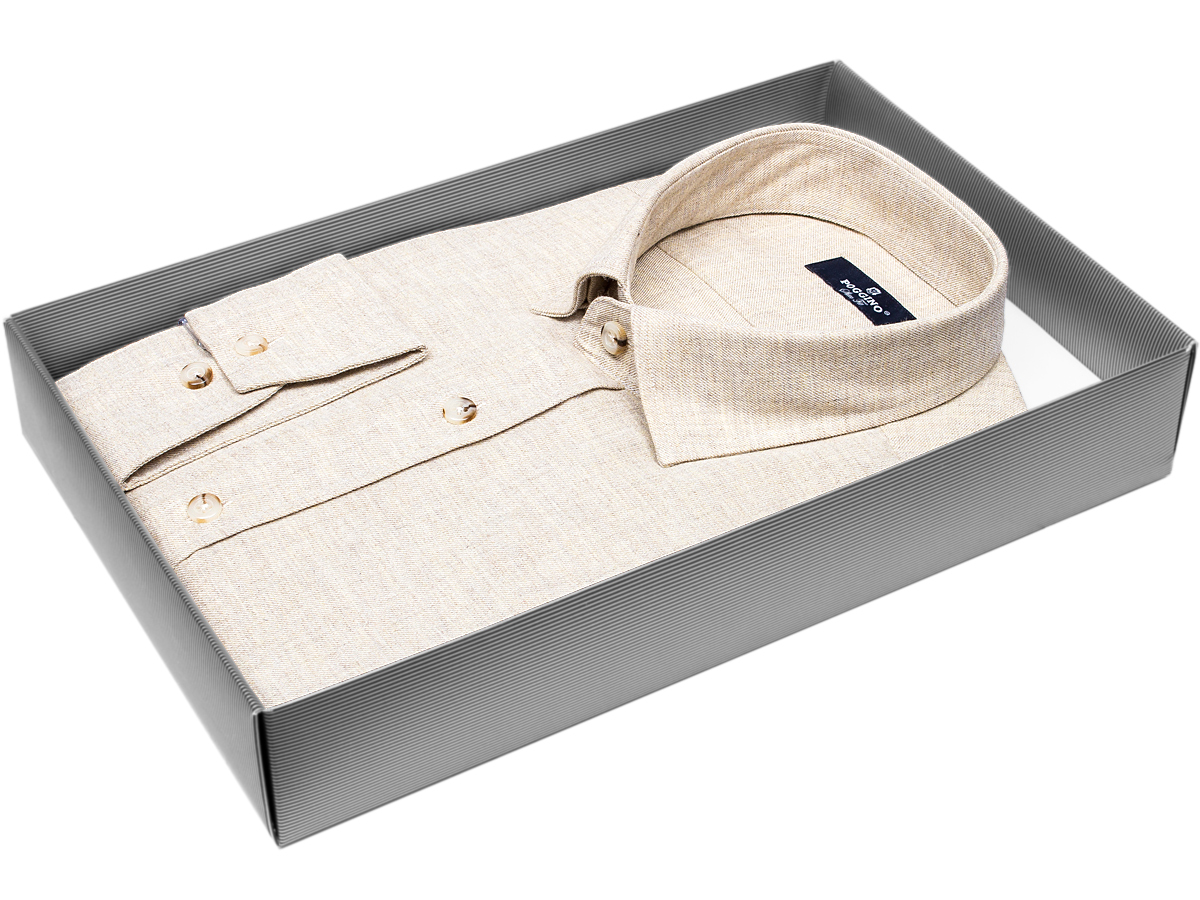 Байковая бежевая приталенная мужская рубашка Poggino 4602-01 с длинными рукавами купить в Москве недорого