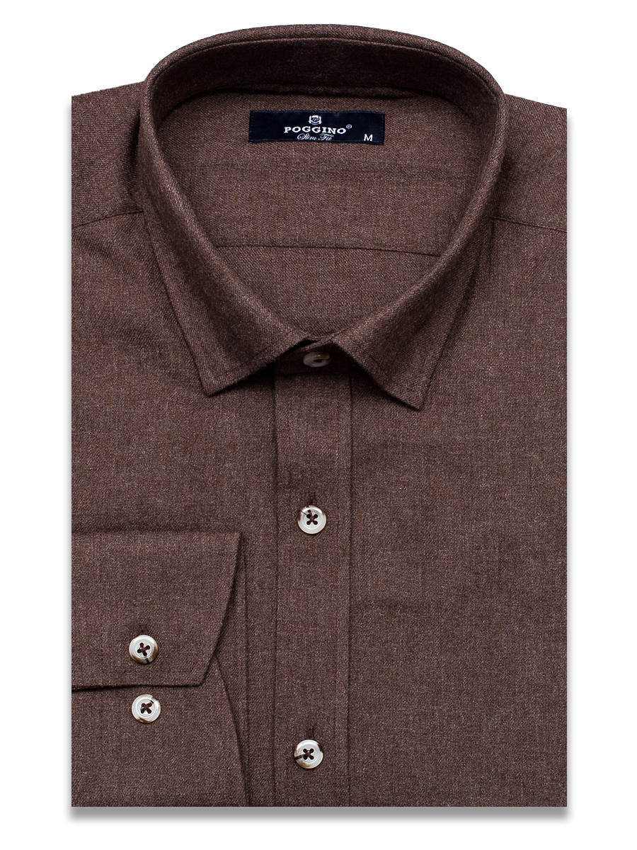 Байковая темно-коричневая приталенная мужская рубашка меланж Poggino 4602-07 с длинными рукавами