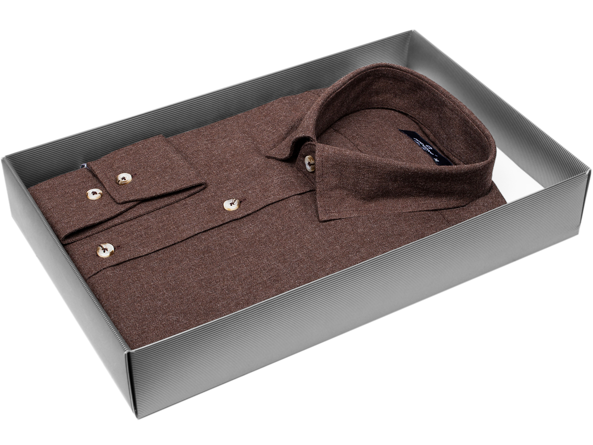 Байковая темно-коричневая приталенная мужская рубашка меланж Poggino 4602-07 с длинными рукавами купить в Москве недорого