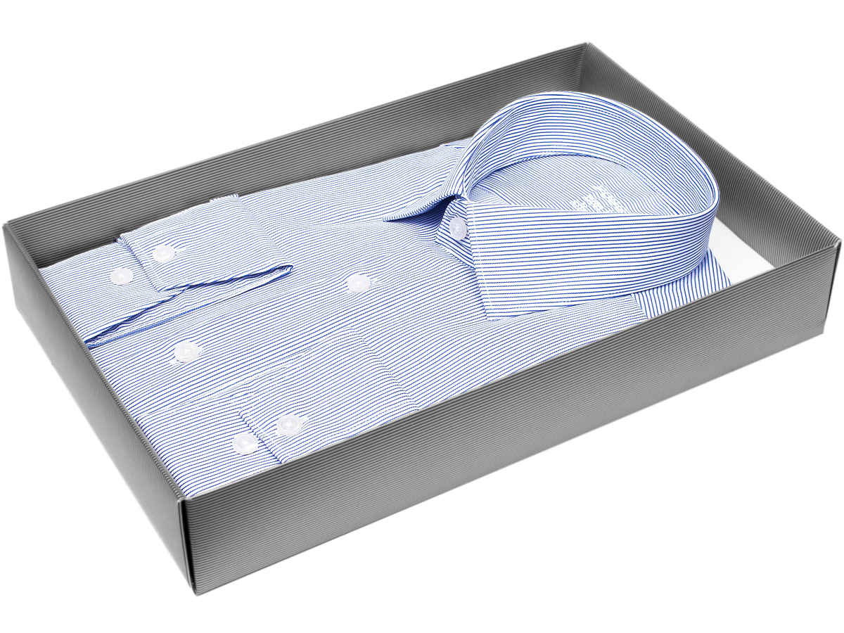 Белая приталенная мужская рубашка Poggino 8006-04 Non Iron в полоску с длинными рукавами купить в Москве недорого