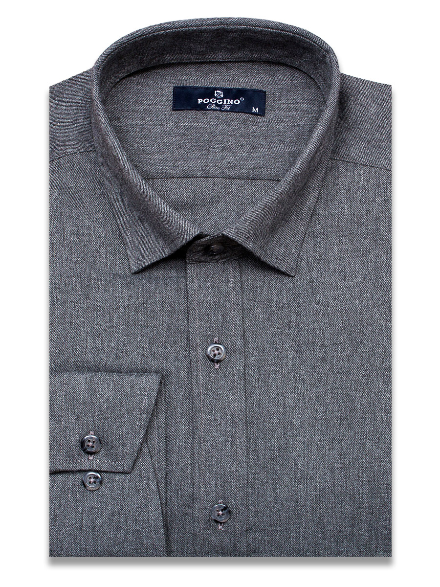 Байковая серая приталенная мужская рубашка Poggino 4602-04 меланж с длинным рукавом