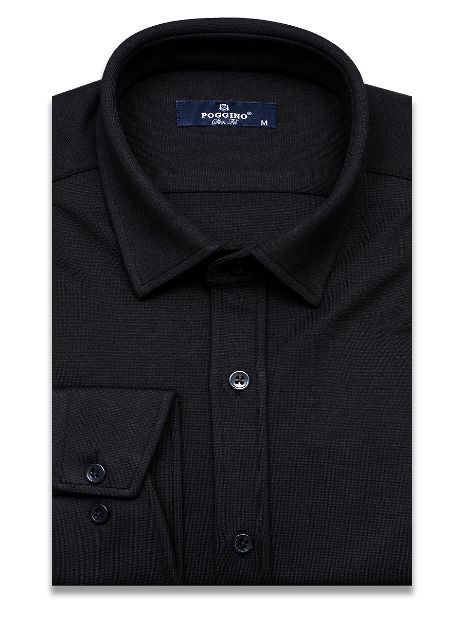 Черная трикотажная приталенная мужская рубашка Poggino 4401-03 с длинными рукавами