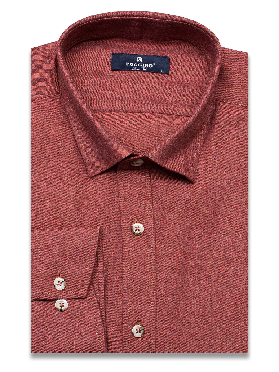 Байковая кирпичная приталенная мужская рубашка меланж Poggino 4602-03 с длинными рукавами