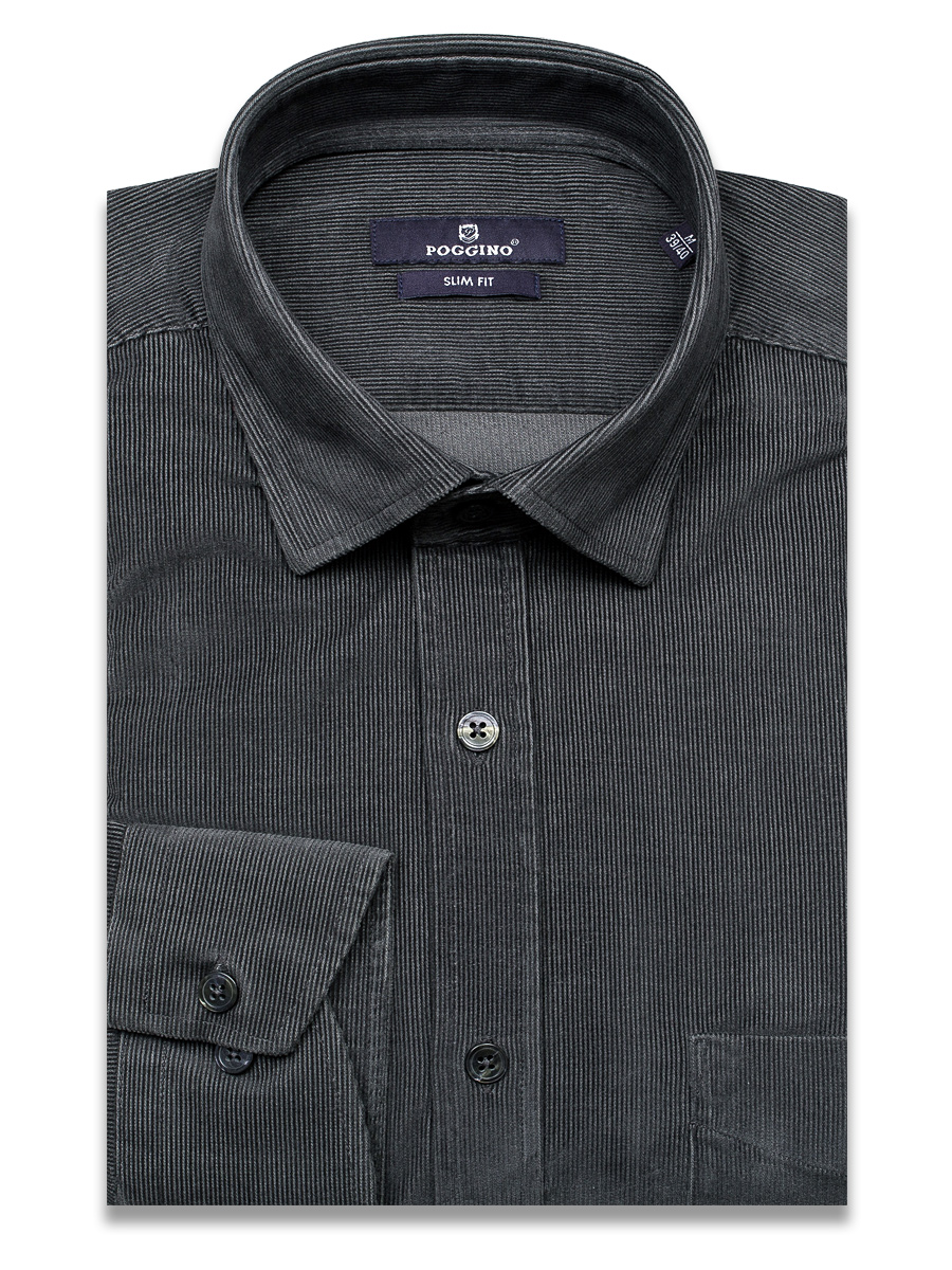 Серая вельветовая приталенная мужская рубашка Poggino 1000-444 с длинными рукавами