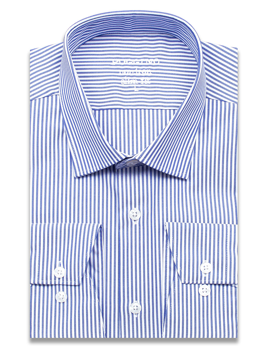 Синяя приталенная мужская рубашка Poggino 8007-10 Non Iron в полоску с длинными рукавами