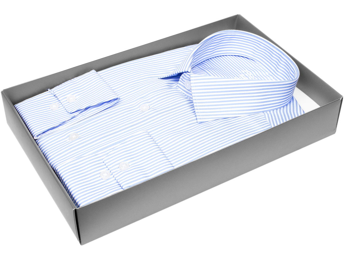 Голубая мужская рубашка Non Iron в полоску с длинными рукавами