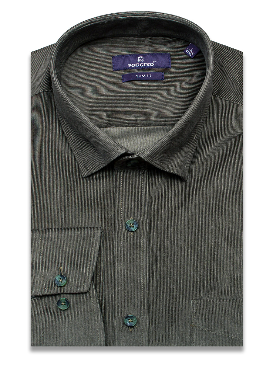 Зеленая вельветовая приталенная мужская рубашка Poggino 1000-333 с длинными рукавами
