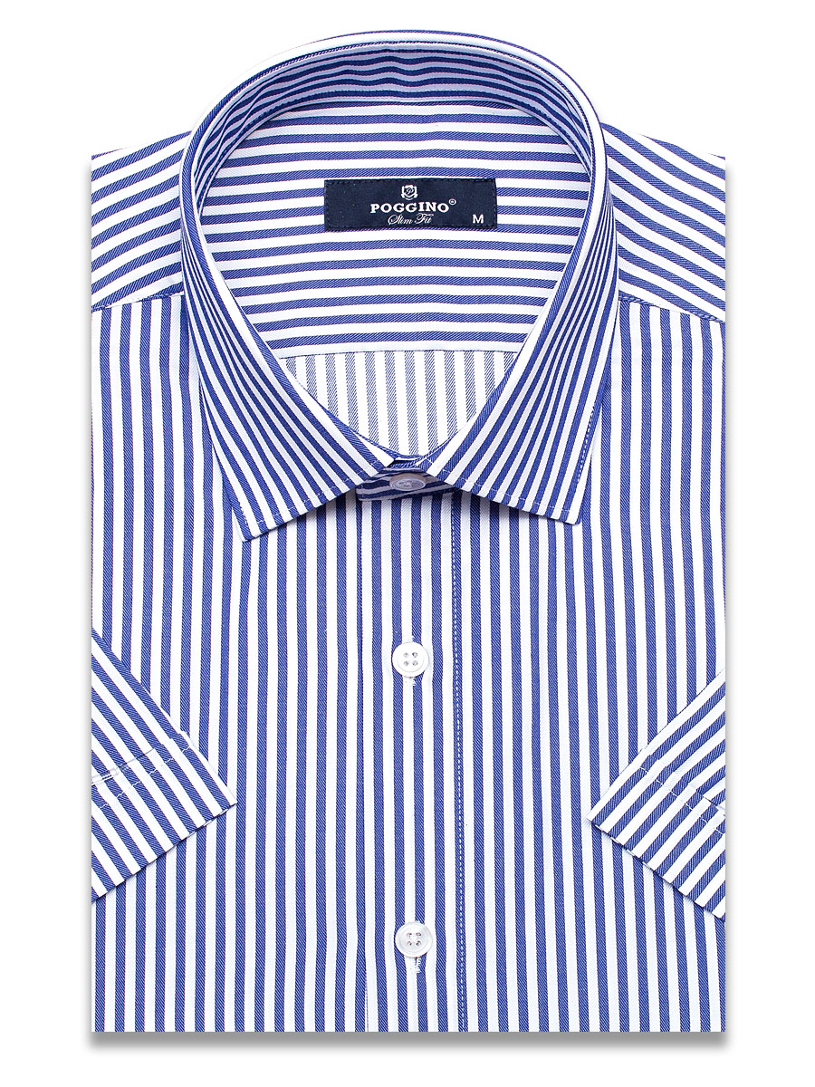 Синяя приталенная мужская рубашка Poggino 6000-60 в полоску с коротким рукавом