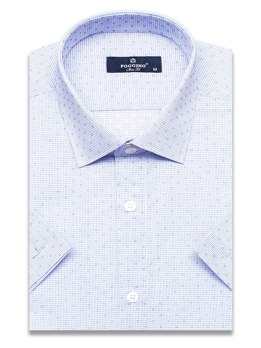 Голубая приталенная мужская рубашка Poggino 6000-02 в клетку с коротким рукавом