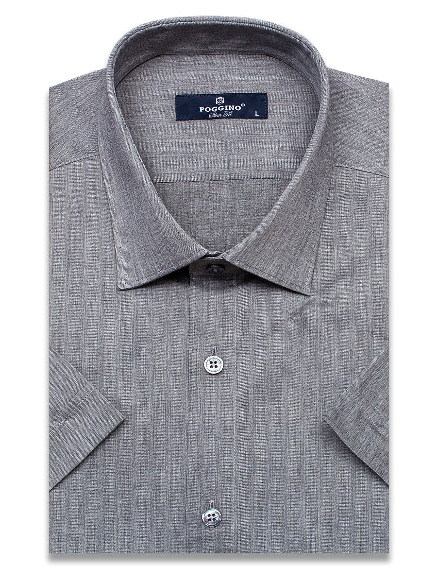 Серая приталенная мужская рубашка Poggino 6000-48 меланж с коротким рукавом