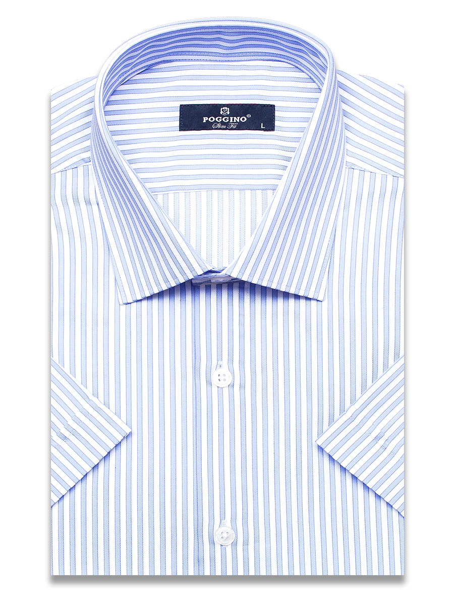 Синяя приталенная мужская рубашка Poggino 6000-59 в полоску с коротким рукавом