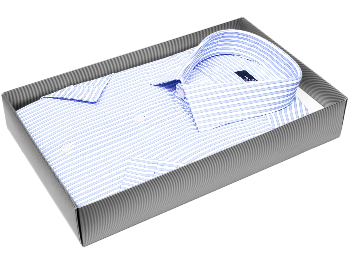 Синяя приталенная мужская рубашка Poggino 6000-59 в полоску с коротким рукавом