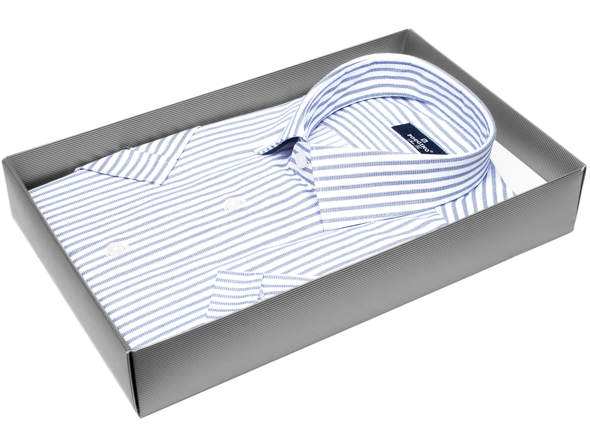 Яркая мужская рубашка Poggino 6000-25 рукав короткий силуэт приталенный стиль классический цвет синий в полоску 100% хлопок