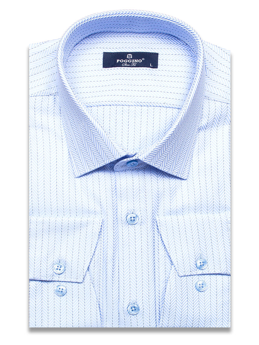 Голубая приталенная мужская рубашка Poggino 7021-15 в полоску с длинными рукавами